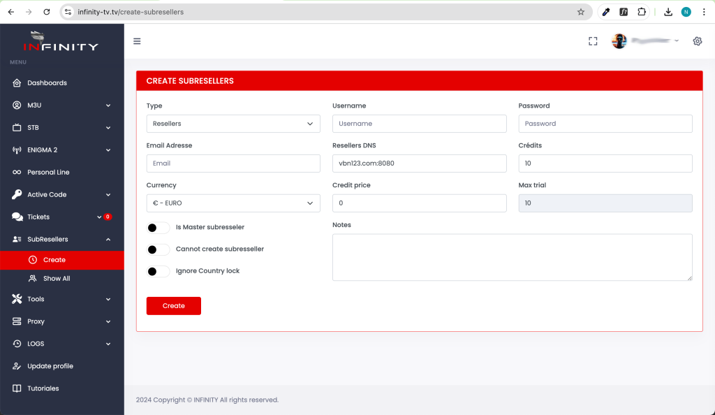 Create Subresellers Infinity Ott